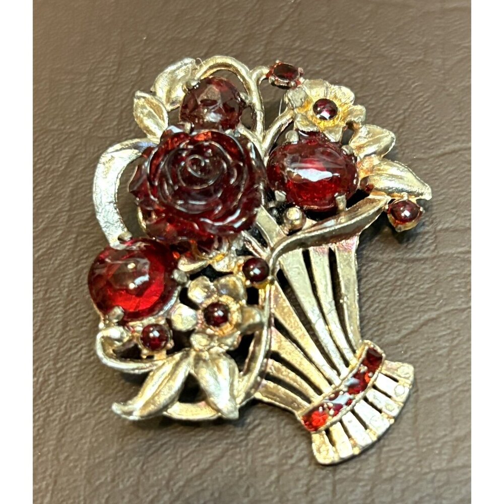 Vintage Carved Or Molded Red Rhinestone Flower Basket Pot Metal Pin Brooch